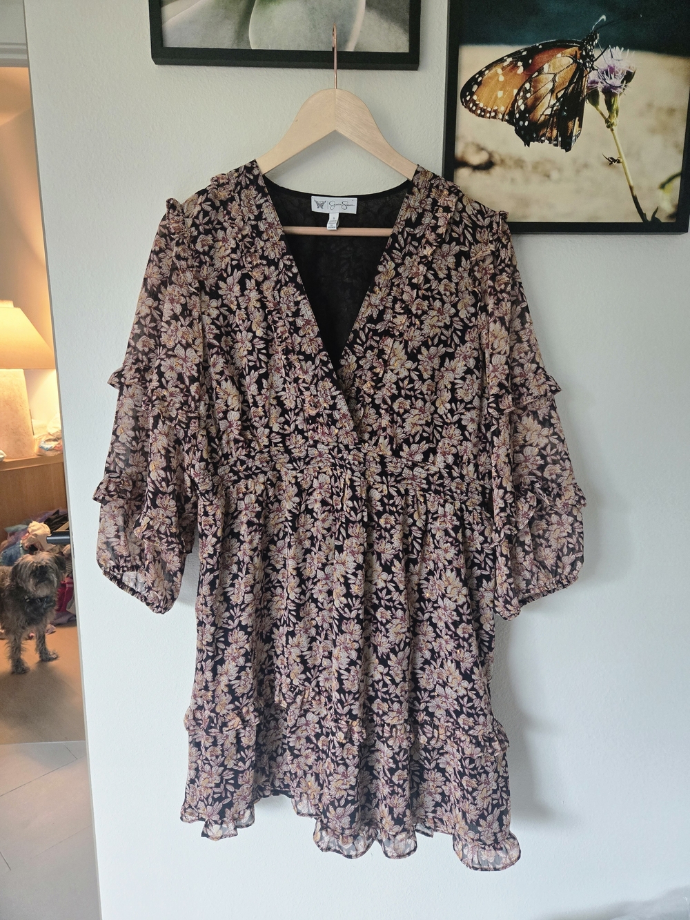 Jessica Simpson Black Floral Dress | Ruffle Sleeve Boho Tiered Mini L NWT